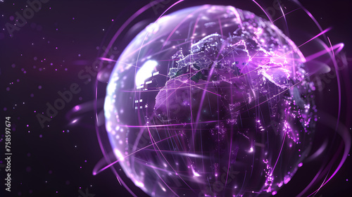 A partially transparent globe with animated water and energy cycles, with a tech grid overlay, against a deep purple background.