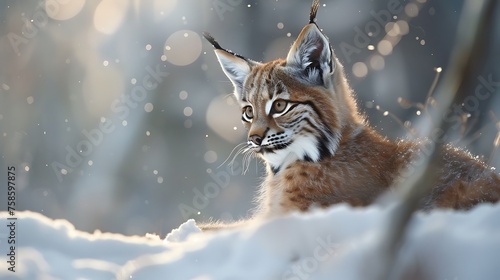 a young european lynx cub who sitting in the cold snow in the winter forest photo