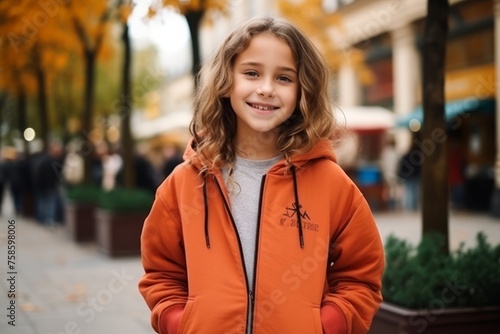 Portrait of a smiling little girl in an orange coat on the street