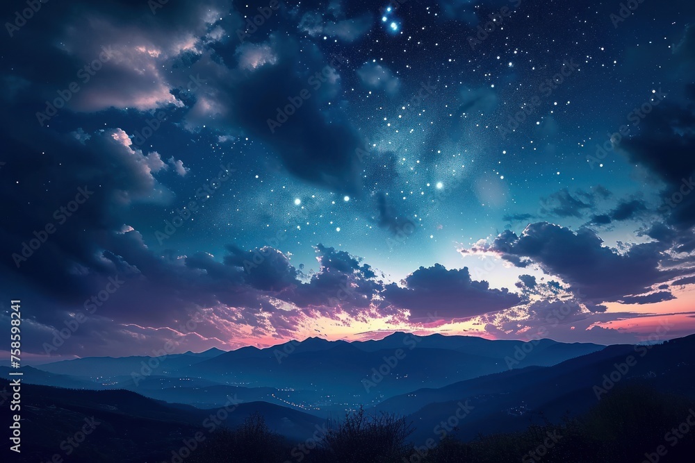 sky at night with stars, clouds, blue and purple gradient, space, galaxy, observing the stars, astronomy, night sky environment, background, dark, sunset, Generative AI 