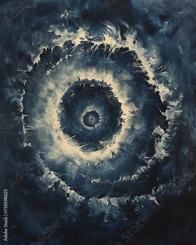 tie dye fabric with grey and white swirling texture, vintage, in the style of radiating lines, circular shapes,  dark sky-blue and light black, vibrant, lively, intertwining materials, natural 