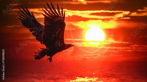 Image of a silhouette of an eagle against the setting sun.