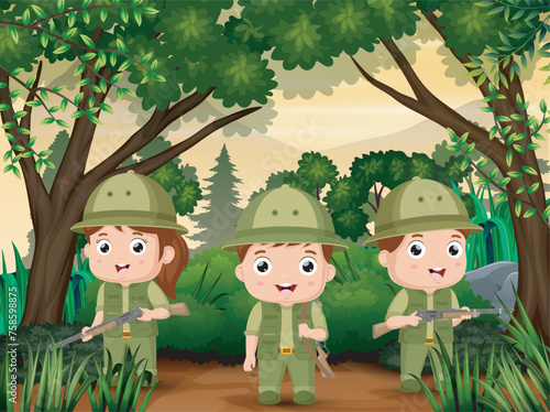 Three Scout boy in uniform exploring the forest © dreamblack46