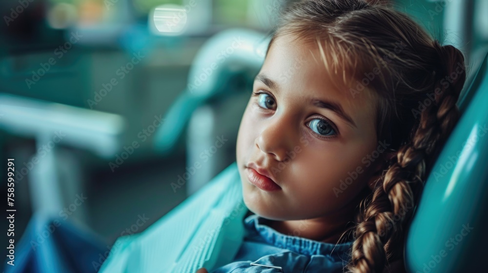 Young girl is sitting in dentist's chair with her head tilted back Young girl is sitting in dentist's chair with her head tilted back