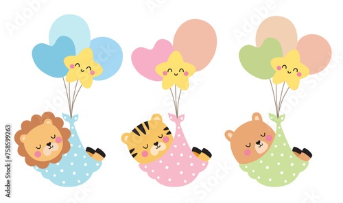 Cute sleeping baby lion, tiger, and bear with balloons. Baby shower, baby delivery, and nursery vector illustration art. Pastel colors. © JungleOutThere