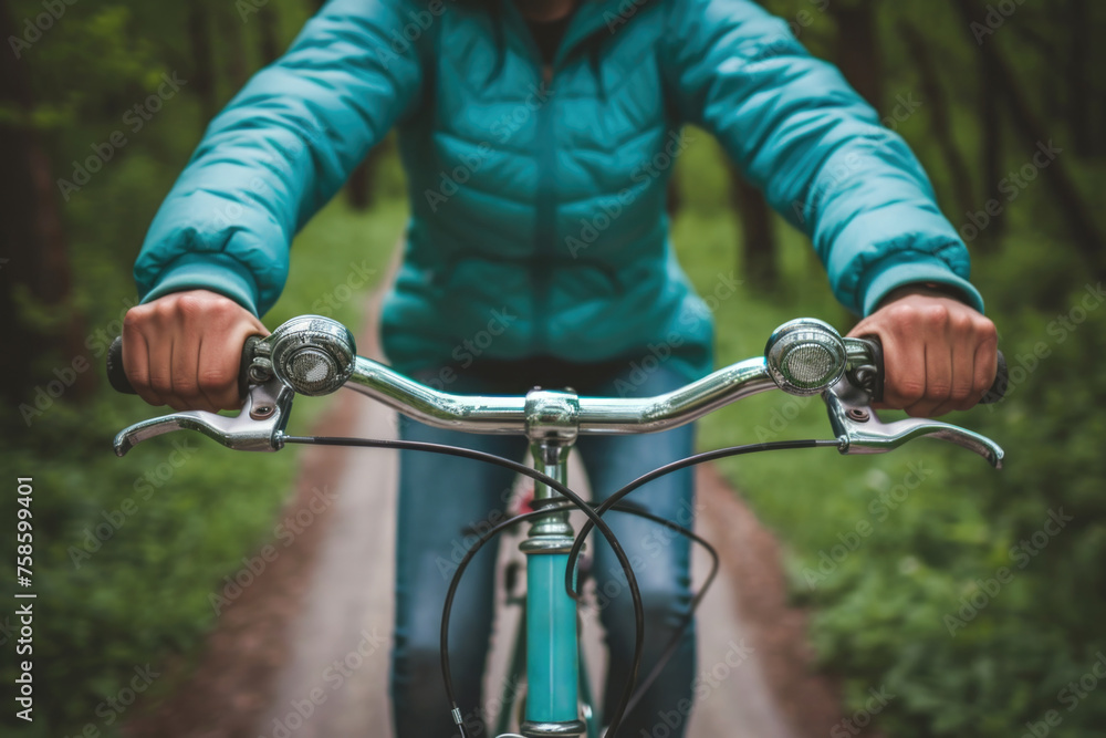 Obraz premium Woman is riding bicycle down path