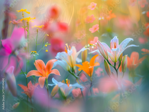 Orange lilies amidst a dreamy backdrop of pink and yellow flora create a soothing natural scene © road to millionaire