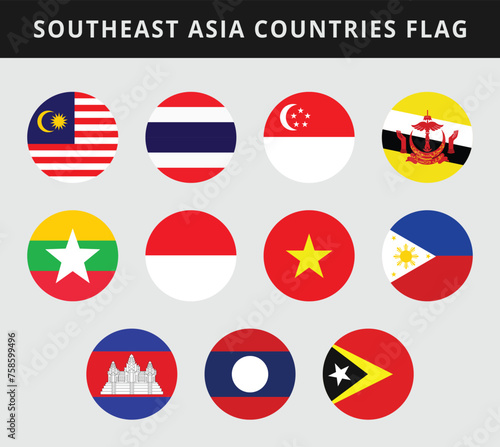 Flat illustration of Southeast Asian Flags. Collection of Southeast Asia Country round Flags.
