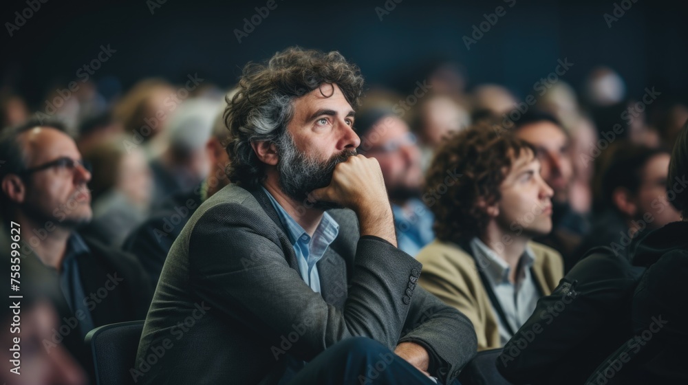 Man with beard is sitting in crowd of people Man with beard is sitting in crowd of people