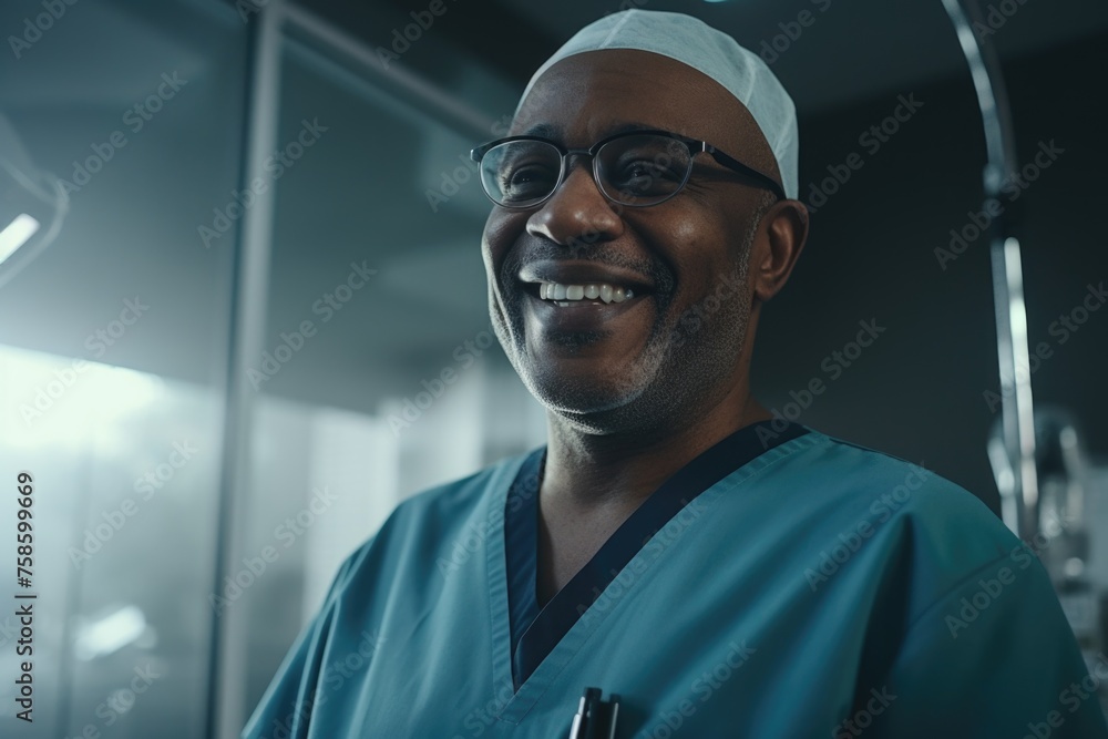 Smiling man in blue scrubs with white hat Smiling man in blue scrubs with white hat