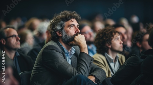Man with beard is sitting in crowd of people