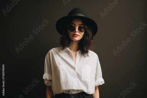 Portrait of beautiful young woman in hat and sunglasses on dark background
