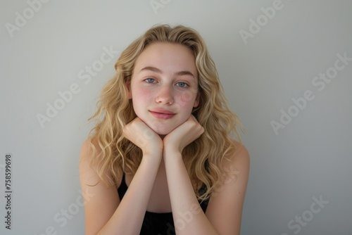 Blonde girl with blue eyes is sitting with her hands on her knees