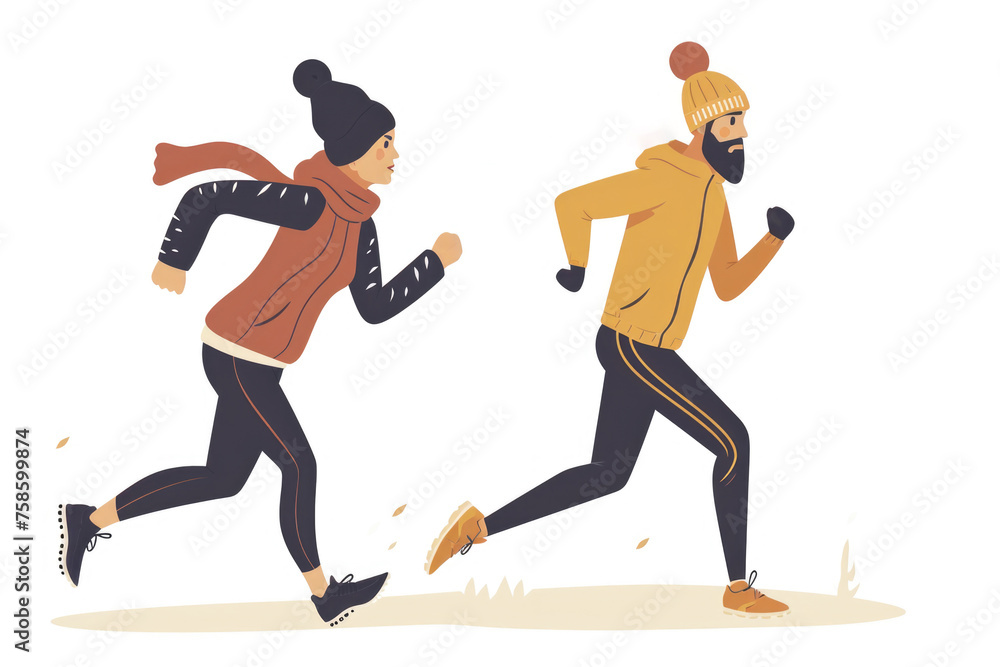 Man and woman are running in snow