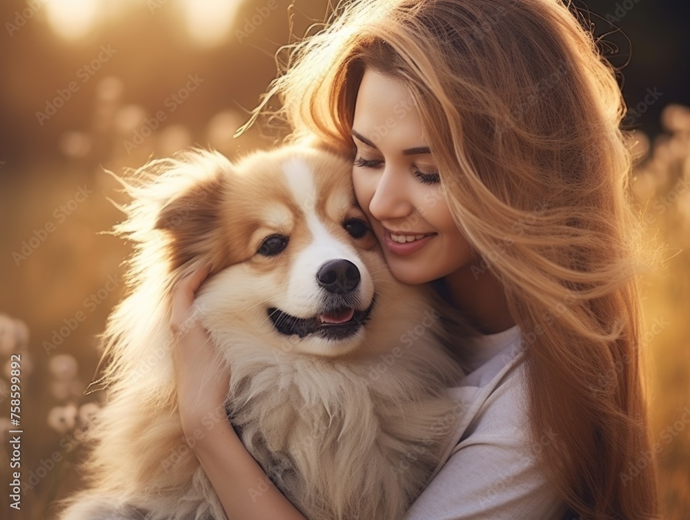 Woman is holding dog with long hair Woman is holding dog with long hair