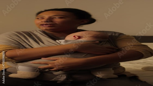 Medium vertical shot of young African American woman sitting on bed at home, dandling sleeping baby son in sling scarf, hugging and singing quiet lullaby
