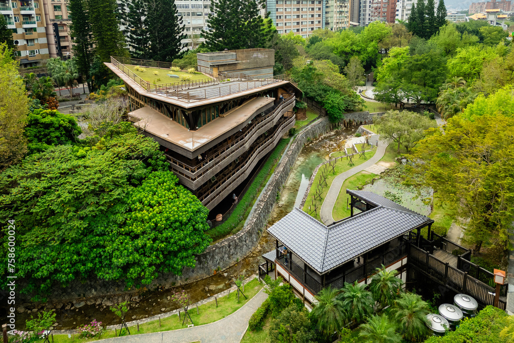 Fototapeta premium Aerial view of Taipei Public Library Beitou Branch in Taipei, Taiwan