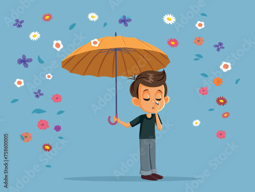 Child Suffering from Allergies Using an Inhaler During Spring Vector Character. Boy using medical relief fighting allergens and pollen
