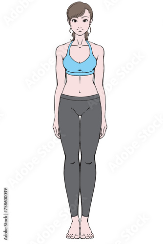 ヨガ_山のポーズ 直立姿勢をとる若い女性_影無し