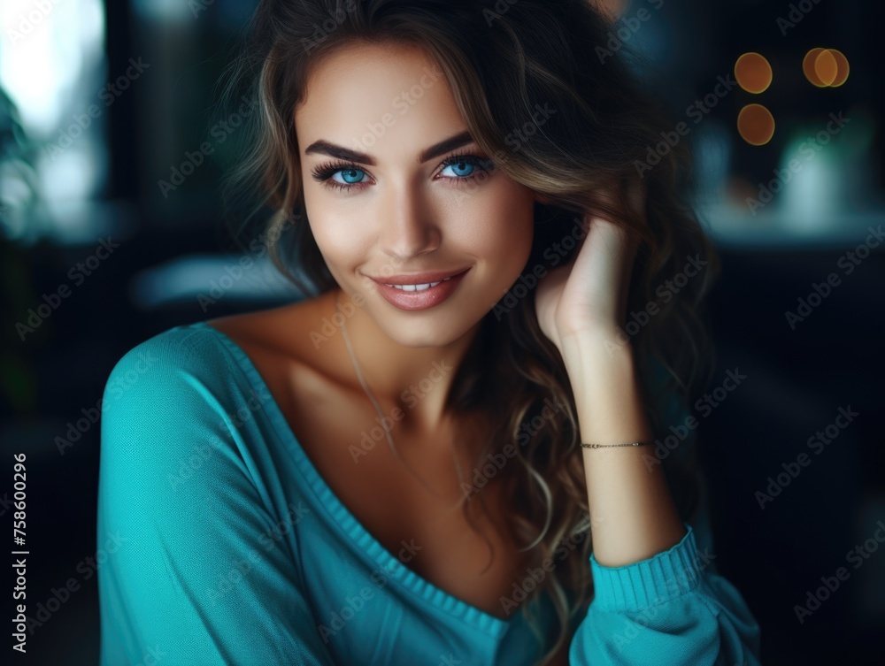 Fototapeta premium Woman with long hair and blue eyes is smiling for camera