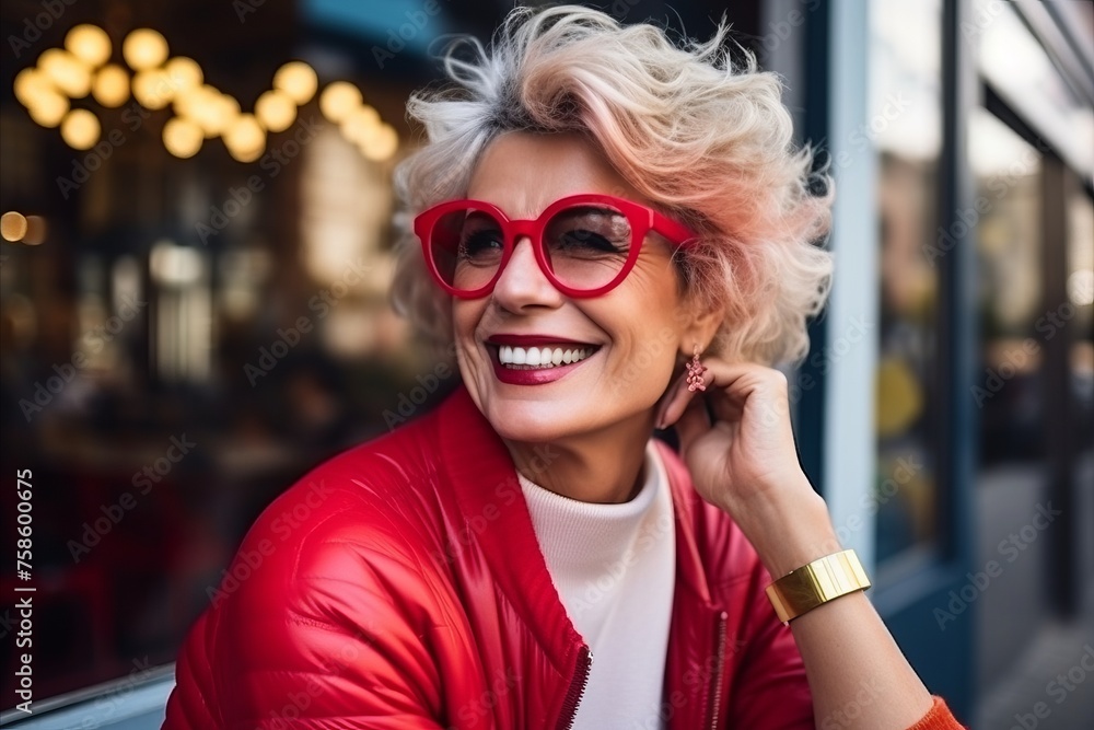 Portrait of a happy senior woman in red jacket and red glasses Portrait of a happy senior woman in red jacket and red glasses