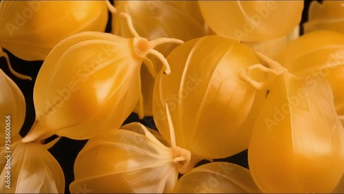 An overhead shot of a of goldenhued physalis berries, also known as cape gooseberries. The translucent husks delicately encase the small fruits, which have a slightly tart taste that resembles photo