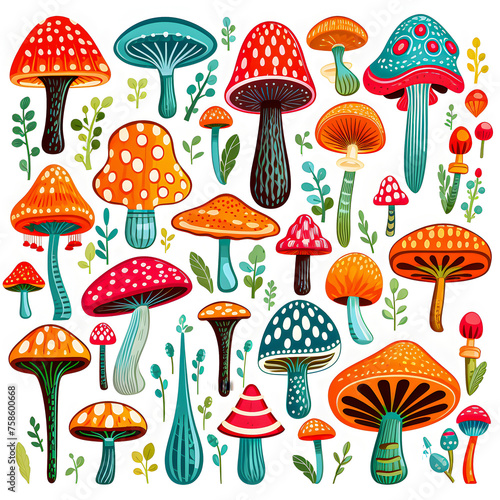 Clipart illustration featuring a various of colorful funky mushrooms on white background. Suitable for crafting and digital design projects.[A-0003]