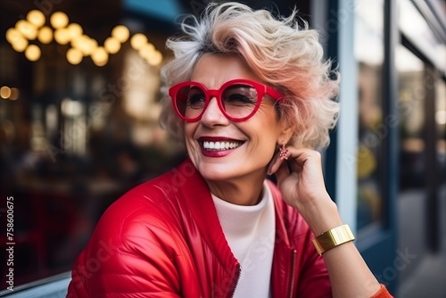 Portrait of a happy senior woman in red jacket and red glasses
