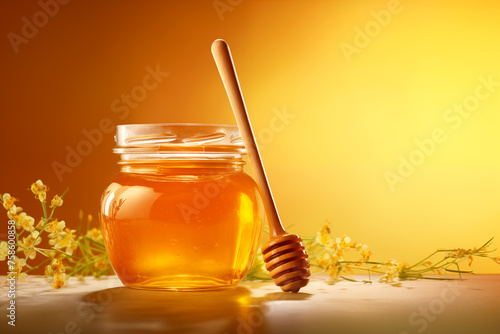 Photo of a jar of honey with a honey spoon, isolated on a yellow background