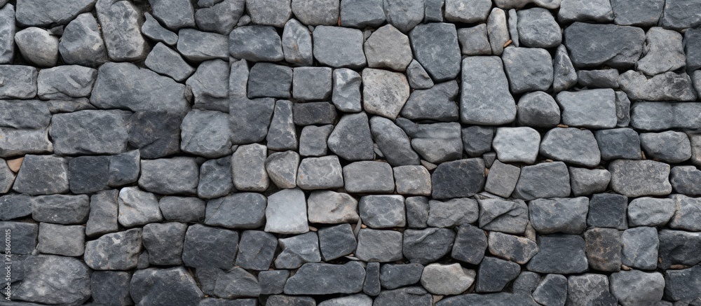 A detailed view of a grey stone wall showcasing the intricate pattern of the brickwork. The natural building material of bedrock creates a sturdy and durable structure - obrazy, fototapety, plakaty 