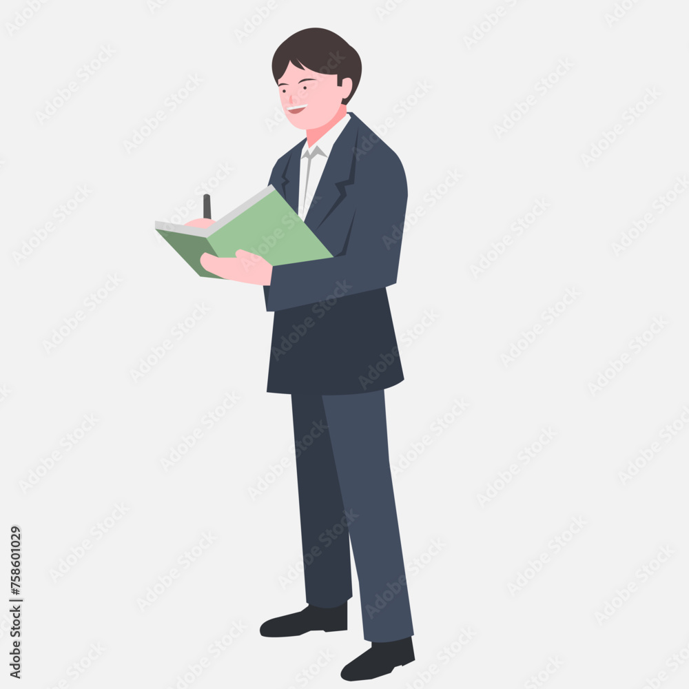 Businessman is writing on a book while standing. Suitable for business themes. Work in an office, wear a suit, be successful, work hard. Flat vector illustration. Businessman is writing on a book while standing. Suitable for business themes. Work in an office, wear a suit, be successful, work hard. Flat vector illustration.