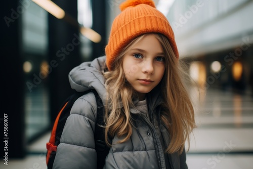 Portrait of a cute little girl in a warm hat and coat on the street