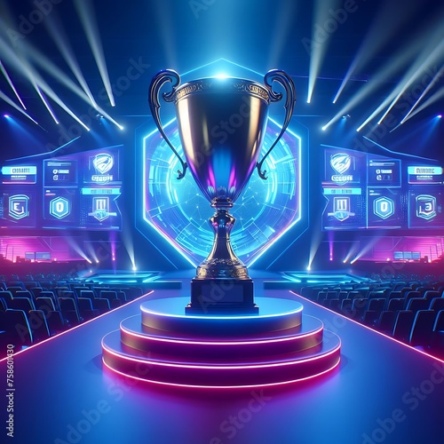 Football trophy standing on the stage, Stylish neon lights with a cool design