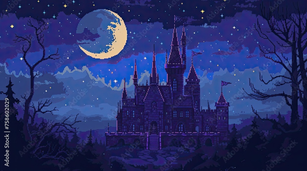 Pixel castle in the rays of the moon. Style, towers, stars, jester, servants, kingdom, gloomy, prince, king, princess, throne, subjects, possessions, inheritance. Generated by AI