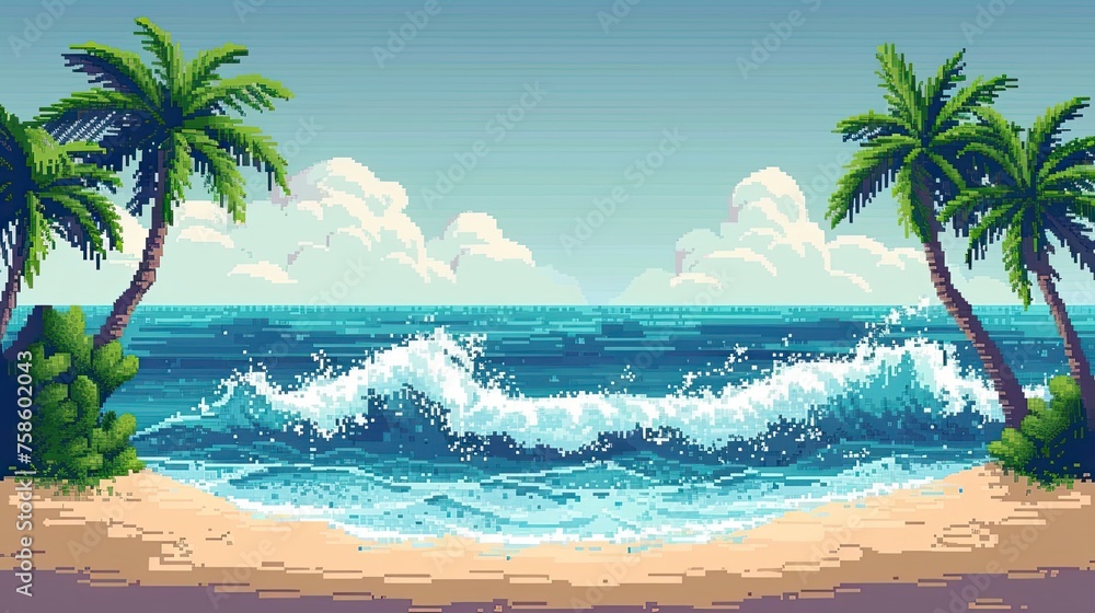 Pixel beach with palm trees. Style, sand, sea, sun, tan, relaxation, umbrella, swimsuit, heat, summer, water, pebbles, sun lounger. Generated by AI