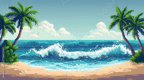 Pixel beach with palm trees. Style  sand  sea  sun  tan  relaxation  umbrella  swimsuit  heat  summer  water  pebbles  sun lounger. Generated by AI