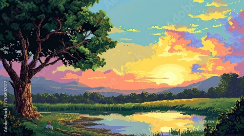 Pixel sunset. Style, nature, wilderness, trees, sun, dawn, evening, horizon, night, forest, twilight, beauty, romance, clouds, sky, landscape. Generated by AI