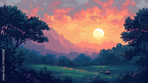 Pixel sunset. Style, sun, dawn, evening, horizon, night, forest, twilight, beauty, romance, clouds, sky, landscape. Generated by AI