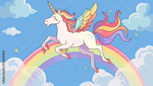 Cute unicorn. Abstraction, doodle, flight, clouds, tail, fairy tale, toy, rainbow, horse, myth, horn, miracles, imagination, pony, princess, dream, sorceress, magic, mane. Generated by AI