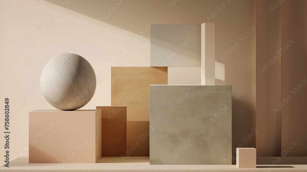 Simple geometric shapes in neutral tones. Modern, minimalist, contemporary, abstract, design, serene, tranquil, balance, harmony, aesthetic. Generated by AI Simple geometric shapes in neutral tones. Modern, minimalist, contemporary, abstract, design, serene, tranquil, balance, harmony, aesthetic. Generated by AI