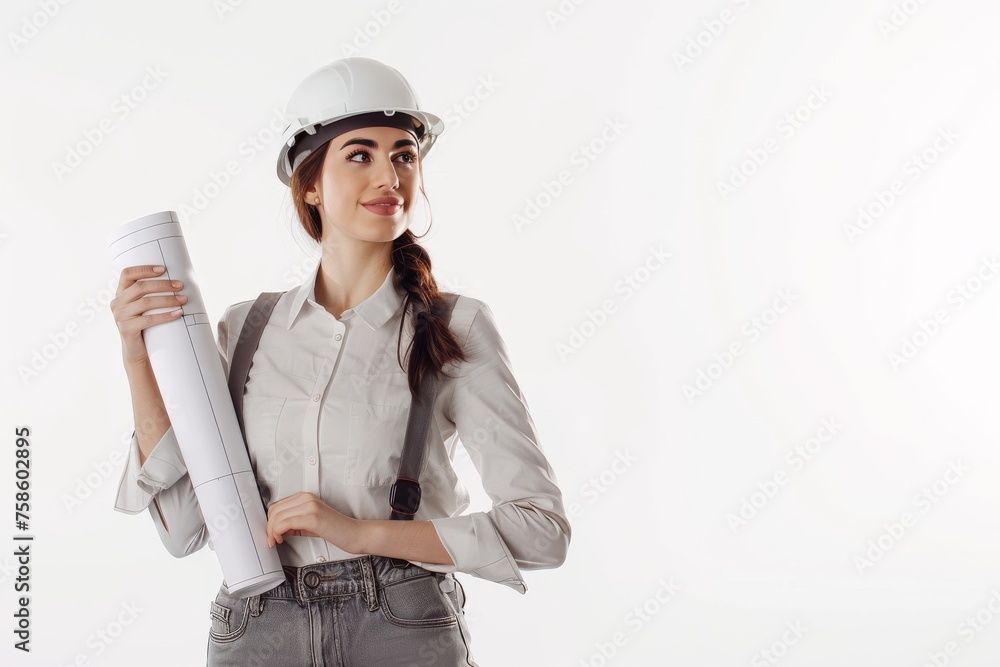Woman Wearing Hard Hat Holding Roll of Paper Woman Wearing Hard Hat Holding Roll of Paper