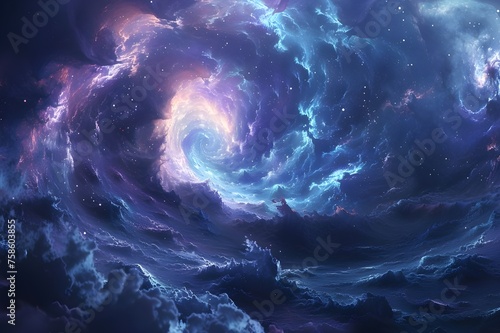 Captivating Spiral Light in Cosmic Waters, Mesmerizing Spiral Waves of Light and Water in Galactic Elegance, Abstract Spiral Patterns in Cosmic Blue in Astral Symphony, Ethereal Spiral Lights Dancing 