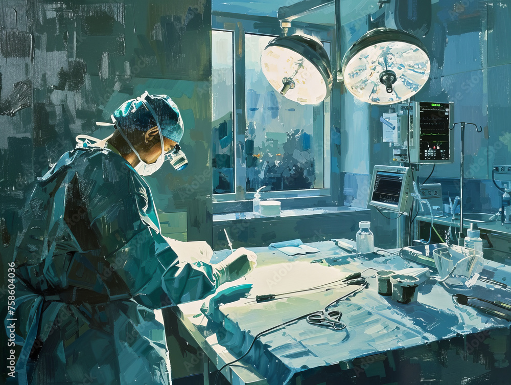 Artistic representation of a lone surgeon preparing the operating table with meticulous care under surgical lights Artistic representation of a lone surgeon preparing the operating table with meticulous care under surgical lights