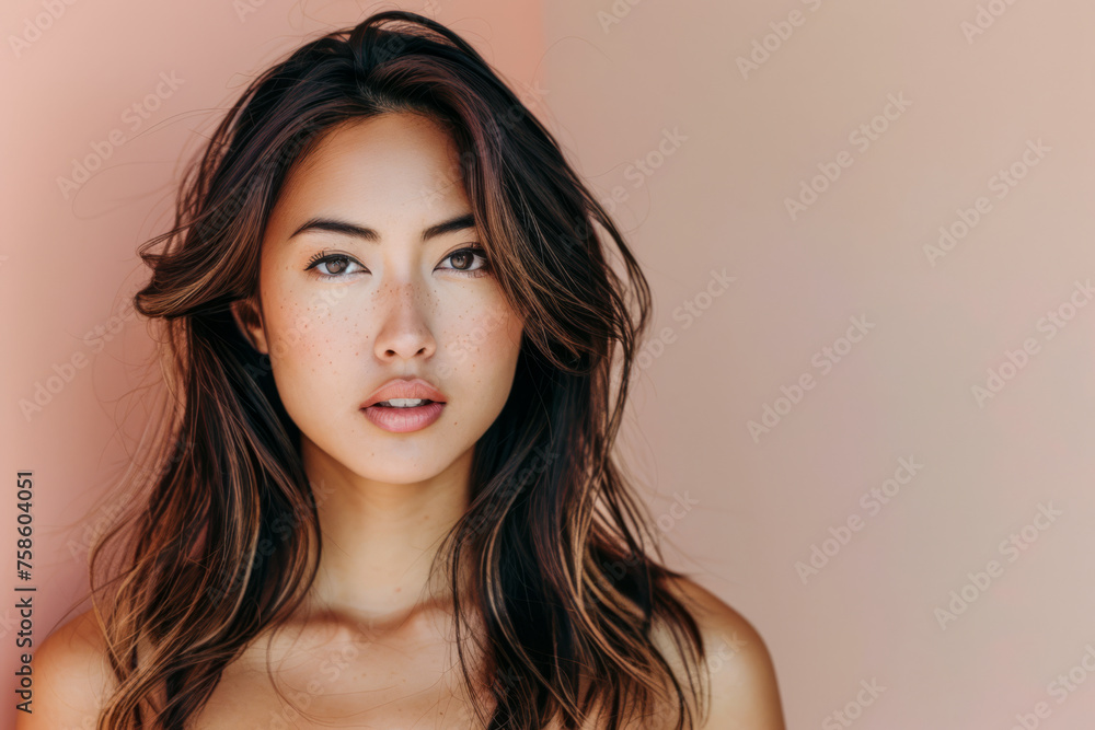 Fototapeta premium Young Asian woman portrait isolated from a solid copy space background for text