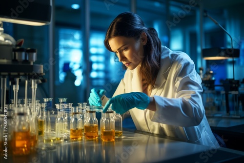 Photo researcher in a laboratory setting conducting urine analysis as part of a scientific study, contributing to advancements in medical research and understanding