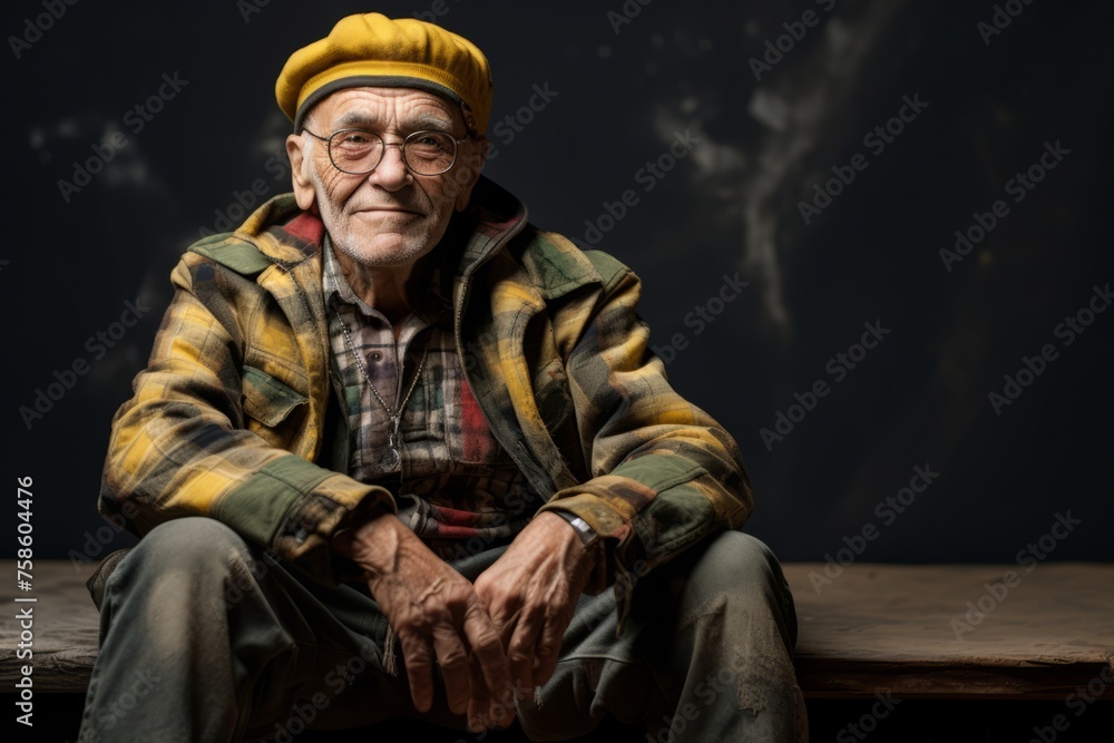 Portrait of an old man sitting on a wooden table and looking at the camera.