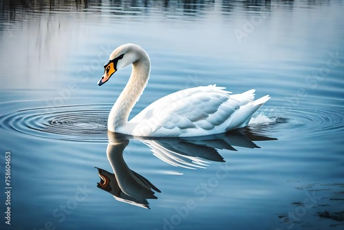  white swan gliding across a glassy lake