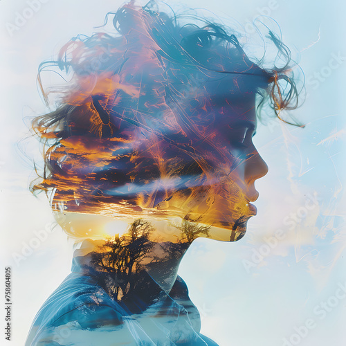 Double Exposure Portrait of a Woman with Nature Background generative ai