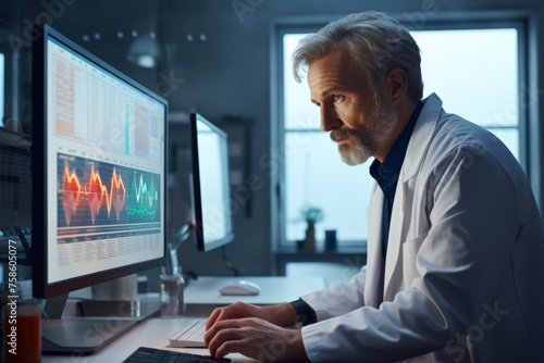 Photo of a middle-aged male doctor examining blood analysis results on a digital screen.