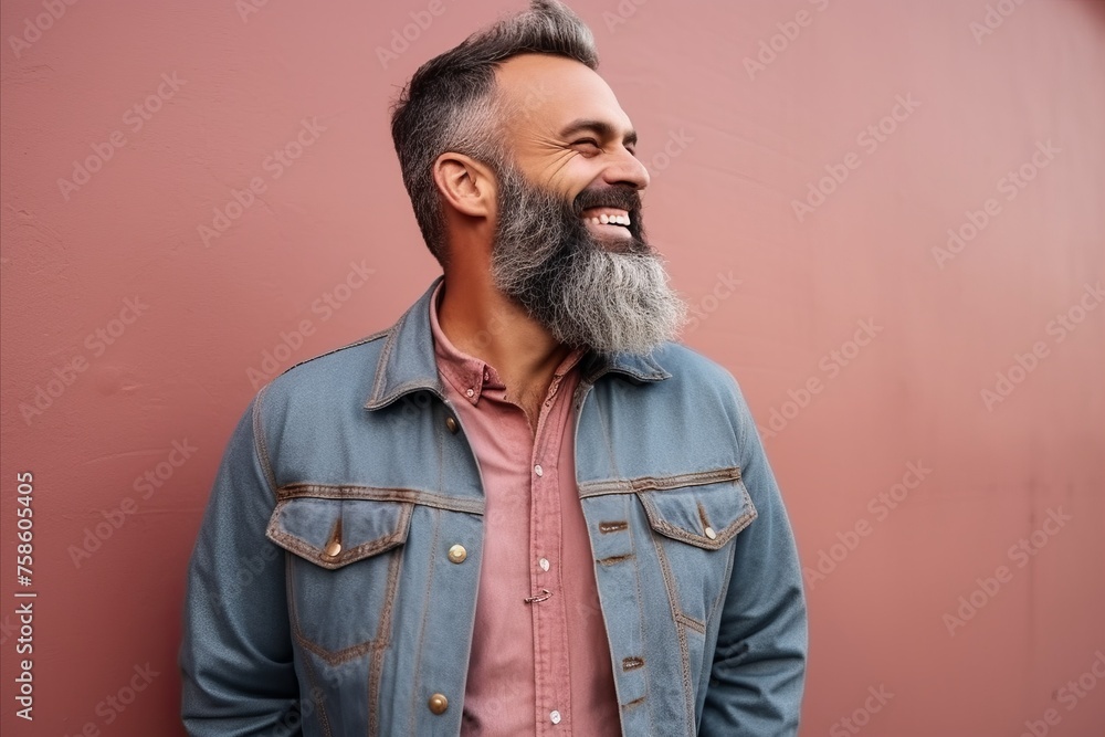 Portrait of a handsome middle-aged man smiling against a pink wall Portrait of a handsome middle-aged man smiling against a pink wall